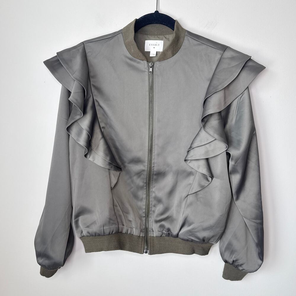 Everly Satin Shoulder Ruffle Full-Zip Bomber Jacket Army Green Size Small